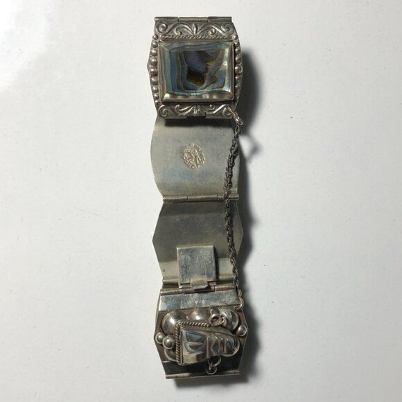 Vintage Sterling Silver Panel Bracelet Abalone Aztec Taxco Mexico Eagle Head - Picture 5 of 15